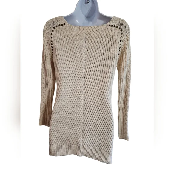 Zara Womens Medium Beige Cable Knit Sweater Studded Ribbed Preppy Boho Layering - Picture 4 of 8